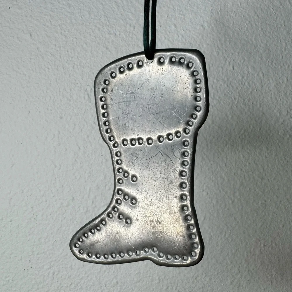 Handmade Tin Punched Silver Colored Snow Boot Christmas Stocking Ornament‎ 1995